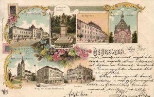 1899 Debrecen zsinagóga, királyi tábla, törvényszéki palota, állami főreáliskola, zenede, Csokonai szobor, floral litho; Pongrácz Géza kiadása