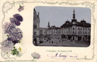 Kolozsvár paloták a vashíd mellett, Phönix üzlet; Gibbon Albert kiadása / iron birdge, palaces, shop, Art Nouveau, floral, litho (EB)