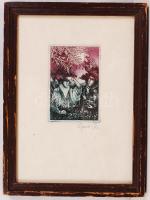 Egresi Zsuzsa (1954-): Udvarló. Rézkarc, papír, jelzett, üvegezett keretben, 9×6 cm