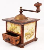 Jelzett antik kávédaráló, sérült,  15×15 cm, m:18 cm