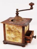 Jelzett antik kávédaráló, sérült,  15×15 cm, m:18 cm