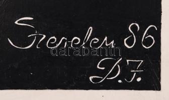 1986 "Szerelem" feliratú fekete-fehér nyomat, DJ monogrammal, 27×18 cm