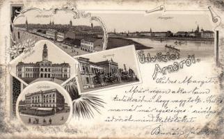 1899 Arad, Andrássy tér, Maros part, Városház, Líceum, színház / square, river side, town hall, lyceum, theatre, floral, litho (EK)