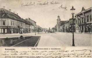 Kolozsvár, Deák Ferenc utca, városháza, Schuster Emil kiadása / street, town hall, shops