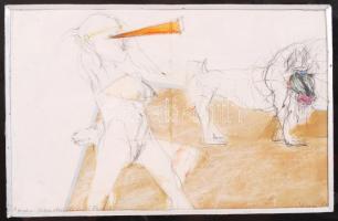 Véssey Gábor (1948-): Asszony mandrillal. Vegyes technika, papír, jelzett, keretben, 20×32 cm