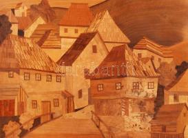 Jelzés nélkül: Falu. Fa intarziás, keretben, 67×49 cm