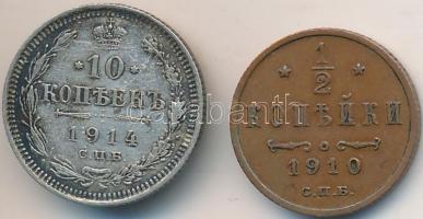 Oroszország 1910. 1/2k + 1914. 10k Ag T:2,2- forrasztásnyom Russia 1910. 1/2 Kopeks + 1914. 10 Kopeks Ag C:XF,VF seal mark