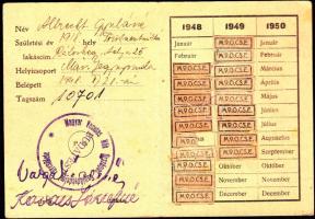 1948 Magyar Vasutasnők Országos Családvédelmi egyesülete tagsági igazolvány tagsági bélyegekkel