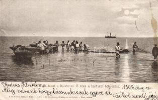 Balaton 'Halászat a Balatonon V. rész'; a halászat befejezése; kiadja Ellinger Ede, ships, fishmen