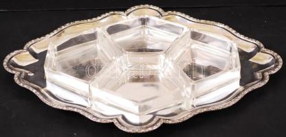 Ezüst (Ag.) tálca eredeti üveg betéttel, jelzett, mesterjeggyel, hibátlan üvegekkel, nettó:744g, 30×40 cm/ Silver tray with the original glass