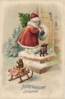 Christmas, child Santa Claus, dog, litho (Rb)