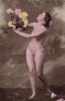 Erotic postcard, nude, flower, Meztelen nő virággal