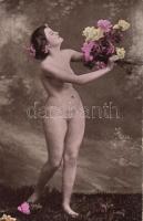 Erotic postcard, nude, flower (wet damage), Meztelen nő virággal (vizes sérülés)