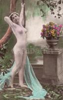 Erotic postcard, nude, flower (wet damage), Erotikus meztelen hölgy, virág (ázott)