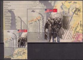 50 anniversary of end of the World War II. the liberation of the concentration camps stamp with tab + mini sheet + block (folded 2x), A II. világháború végének és a koncentrációs táborok felszabadításának 50. évfordulója tabos bélyeg + kisív + blokk (2x hajtott)