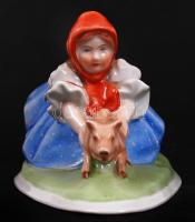 Herendi lányka a kis malaccal, kézzel festett, jelzett, hibátlan, h:13 cm, m:8 cm