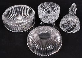 Üveg tétel (4 db): boros kiöntő, 2 db bonbonier, hal alakú asztali dísz, hibátlan