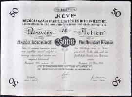 Budapest 1924. "KÉVE Mezőgazdasági Iparfejlesztési és Hitelintézet Rt." 50 részvénye egyenként 500K-ról, összesen 25.00K T:II-