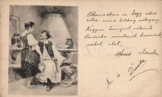 Hungarian folklore, artist signed art postcard