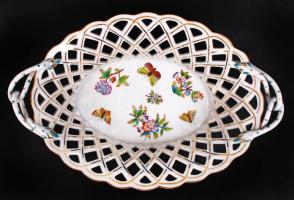 Herendi Viktória mintás áttört kosár, kézzel festett, jelzett, hibátlan, 34×22 cm