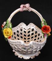 Herendi virágos kosár, apró lepattanások a rózsákon, kézzel festett, jelzett, m:23 cm, 27×23 cm