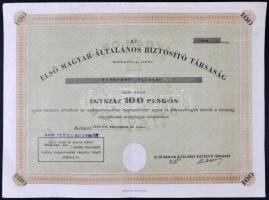 Budapest 1946. "Az Első Magyar Általános Biztosító Társaság" részvénye 100P-ről szárazpecséttel és bélyegzéssel T:II-