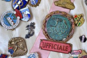 ~200db vegyes jelvény dobozban (főleg a szocialista időszakból), közte zománcozott, jobb darabok is, pl.: ~1930-1940."Magyar Királyi Állami Gimnázium Pestszentlőrinc" zománcozott, ~1970. Páncélos 3. osztályos zománcozott jelvény, 1954. "Budapest"  Magyarország-Anglia futball mérkőzés zománcozott kitűzője T:vegyes