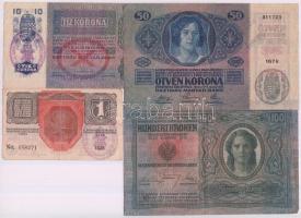1916. 1K + 1915. 10K + 1914. 50K + 1912. 100K horvát felülbélyegzéssel T:III