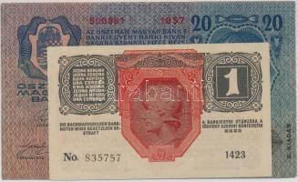 1916. 1K + 1913. 20K mindkettő "Ausgegeben nach dem 4. oktober 1920" felülbélyegzéssel (pi...