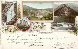 1898 Krkonose, Riesengebirge; Peterbaude, Spindelmühl, Elbfall, Ziegenrücken, Weisswassergrund; litho (EK)