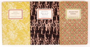 Petőfi, Alexander (Petőfi Sándor): Gedichte. Auswahl und Nachwort von Rober Gragger. Leipzig, Insel; Japanische Farbenholzschnitte. Auswahl und Geleitwort von Emil Preetorius. Leipzig, 1955, Insel-Verlag; Kollowitz, Käthe: Blätter über den Bauernkrieg. 31 Tafeln Herausgegeben von Harri Nündel. Leipzig, 1975, Insel-Verlag. Kiadói kartonált kötés, jó állapotban.