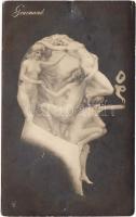 Erotic optical illusion art postcard, Gourmand (pinhole)