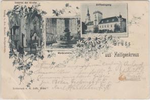 1897 Heiligenkreuz Stiftseingang, Bleibrunnen, Inneres der Kirche / abbey entrance, fountain, church interior, floral (small tear)