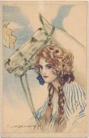 Hölgy lóval, olasz művészeti képeslap; Anna & Gasparini s: T. Corbella, Italian art postcard, horse; Anna & Gasparini s: T. Corbella