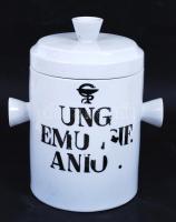 Patikai fedeles tároló, "Ung. Emu..sif Anio" felirattal, fehér mázzal, jelzett, hibátlan, kopott, m:20 cm, d:11,5 cm