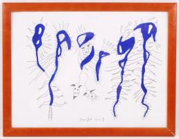 Szeift Béla: Kerti élet (2003). Vegyes technika, papír, jelzett, üvegezett fa keretben, 40x30 cm