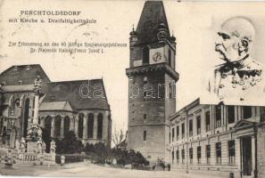 Perchtoldsdorf, Kirche, Dreifaltigkeitsaule; Kaiserjubileum / church, trinity, Franz Joseph anniversary (EB)