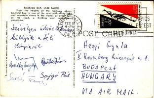 1960 A magyar olimpiai válogatott tagjai által aláírt képeslap a Squaw Valley téli olimpiáról