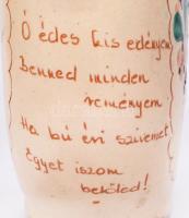 Kántor Karcag, madaras kiöntő, mázas festett kerámia, jelzett, apró lepattanásokkal, felirattal, m:2...