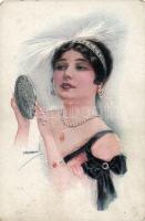 3 db régi, művészi hölgy motívumlap, pinx. Usabal, Harrison Fischer / 3 art, lady motive cards, pinx...