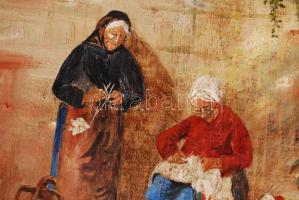 Noeyz jelzéssel: Idős asszonyok a falnál. Olaj, farost keretben 40×30 cm