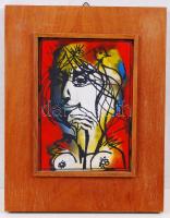 Cs.Uhrin Tibor (1936-2011): Leány madárral. Tűzzománc, fém lemez, jelzett, keretben, 17×13 cm