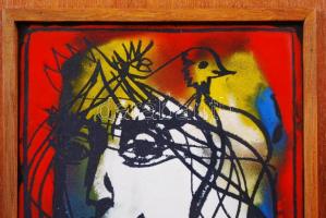 Cs.Uhrin Tibor (1936-2011): Leány madárral. Tűzzománc, fém lemez, jelzett, keretben, 17×13 cm