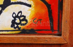 Cs.Uhrin Tibor (1936-2011): Leány madárral. Tűzzománc, fém lemez, jelzett, keretben, 17×13 cm