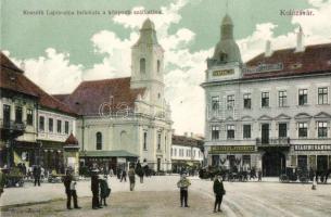 Kolozsvár Kossuth utca, Központi Szálloda, Medgyesy és Nyegrutz, Biásini Sándor, Pap Ernő üzletei, gyógyszertár; Schuster Emil kiadása / street, Hotel Central, shops