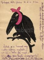 Kézzel készített varjús grafika 12f díjjegyes lapon / Crow, hand-painted postcard; 12f Ga.