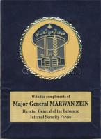 Libanon DN Marwan Zein libanoni védelmi parancsnok által adományozott fém emlékplakett pár (60mm+79x30mm) tokban T:1 Liban ND Metal plaque pair donated by Marwan Zein Director General of the Lebanese Internal Security Forces(60mm+79x30mm) in case C:UNC