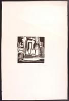 Olvashatatlan jelzéssel: Kapunál. Linó, papír, 19x19 cm