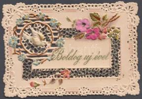 New Year, floral, embroidery style postcard, small size, 11,5 cm x 8 cm, silk card, litho, Emb.