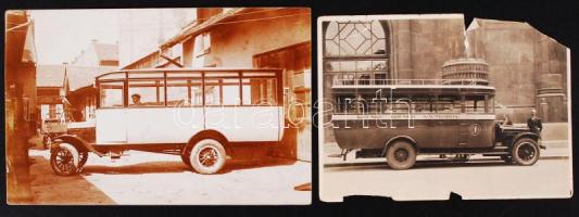 cca 1930 2 db buszfotó, az egyik Kécske-Kocsér-Nagykőrös között közlekedő 1-es busz fotója, 11x8 és 14x9 cm